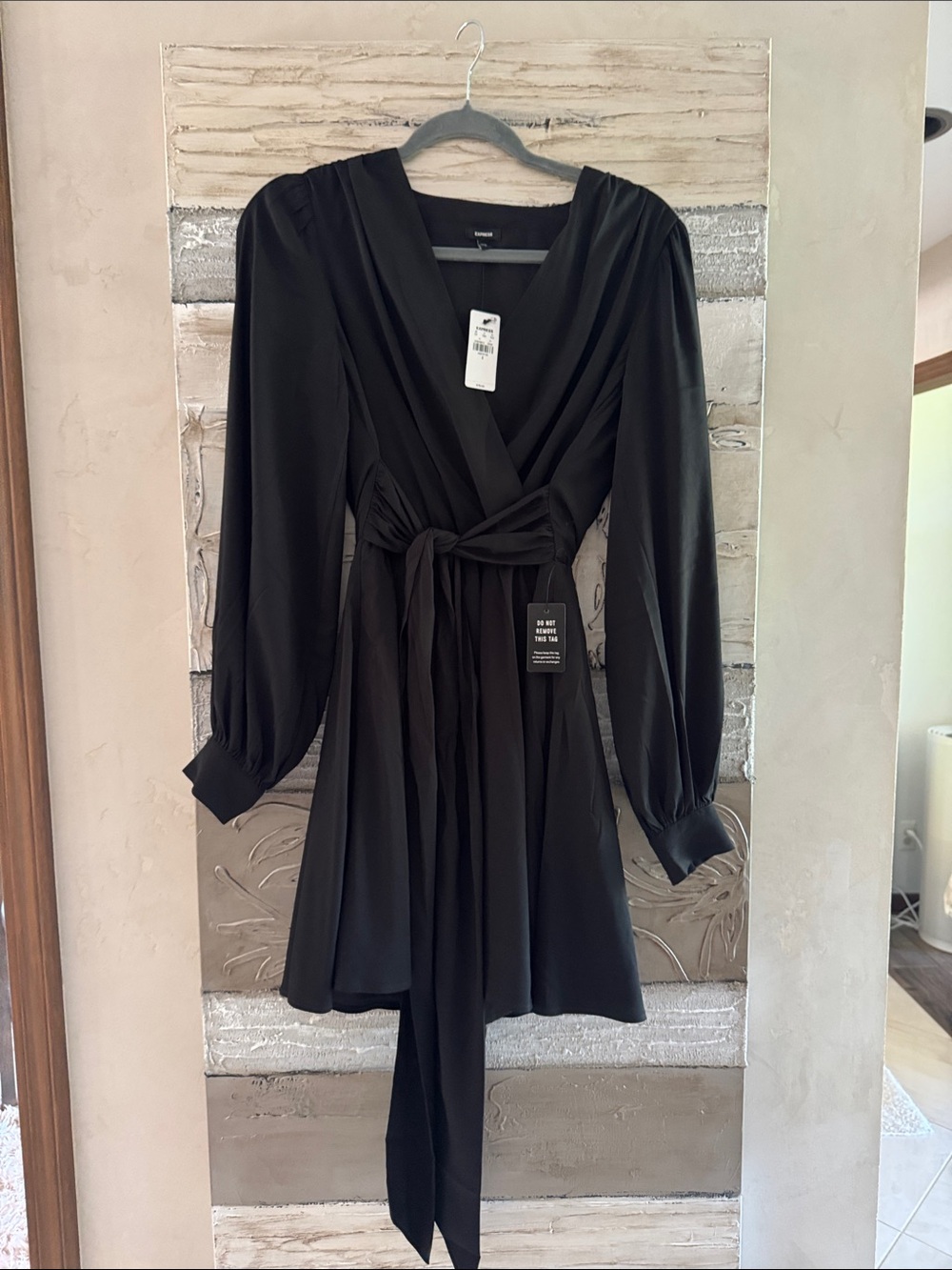 Express Black Long-Sleeve Wrap Dress with Self-Tie Waist